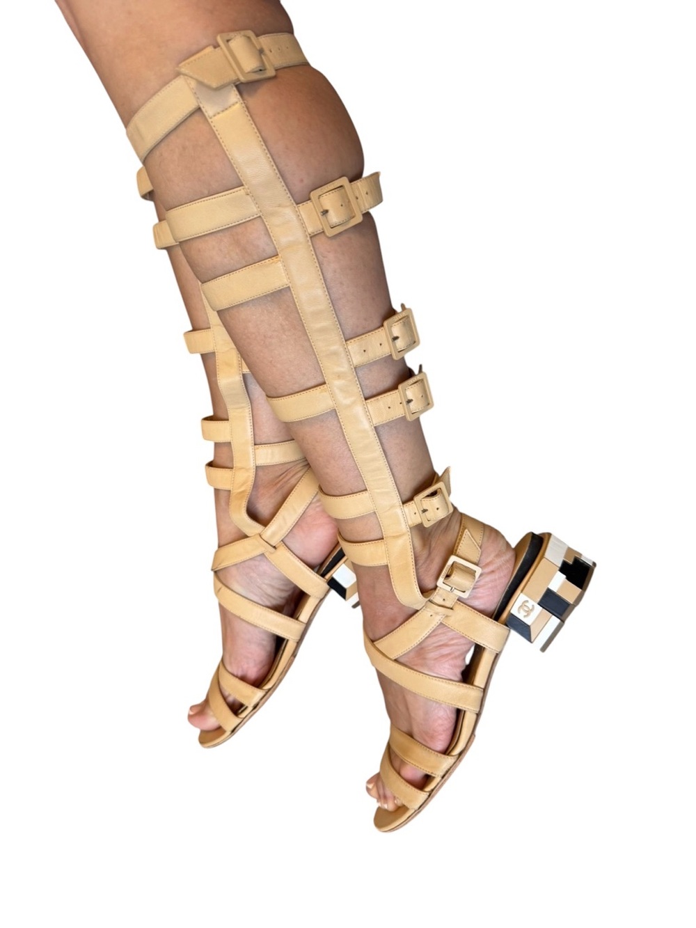 Chanel beige interlocking cc logo Knee-High Gladiator Sandals in Nude
